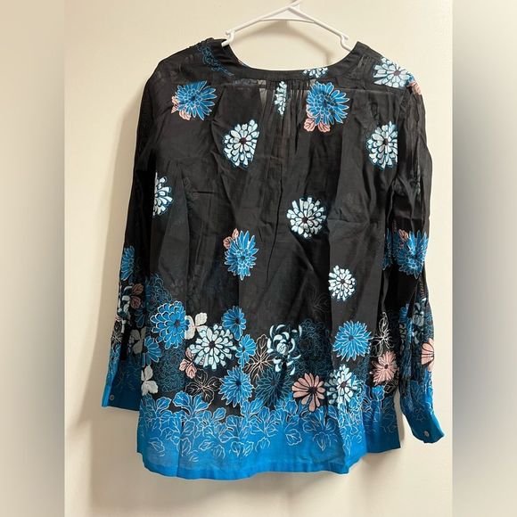 Ann Taylor Loft Black Blue Multi Color Floral Sheer Blouse Size Small Petite - Picture 6 of 10